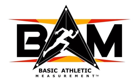 BAM Basic Athletic Measurement logo featuring black star with athlete figure, red and yellow stripes, and bold text
