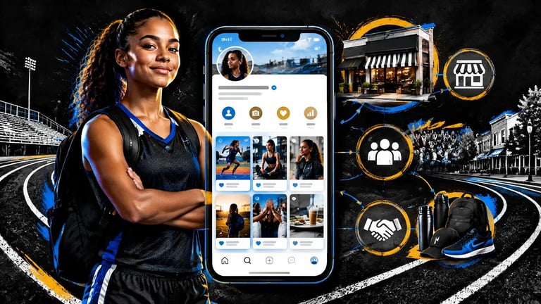 Female athlete in blue and black sports attire next to smartphone displaying social media profile with photos and engagement icons, surrounded by team imagery and collaboration symbols on dark background.