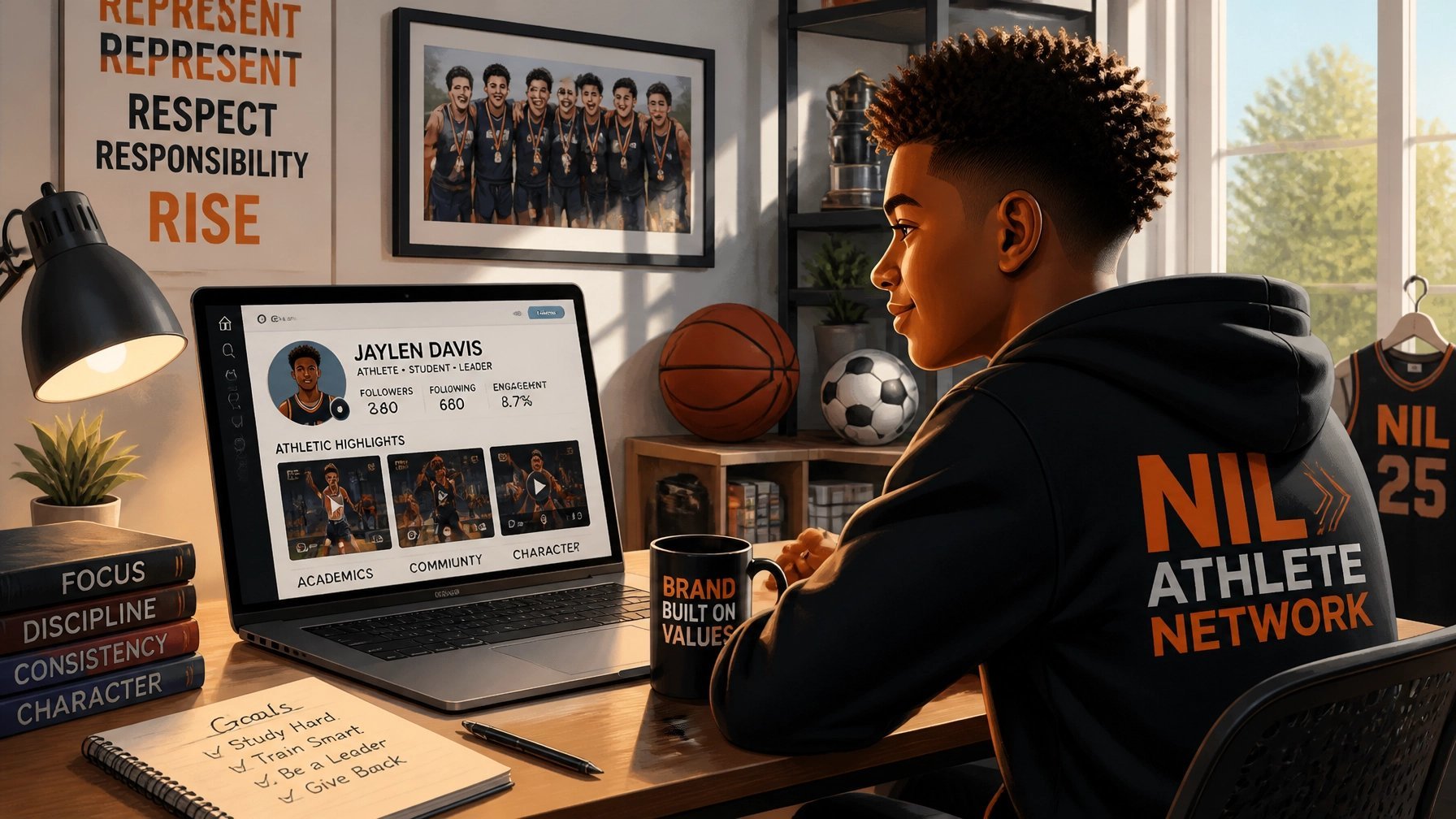 Young athlete wearing NIL Athlete Network hoodie reviewing content on laptop at desk with basketball and inspirational posters