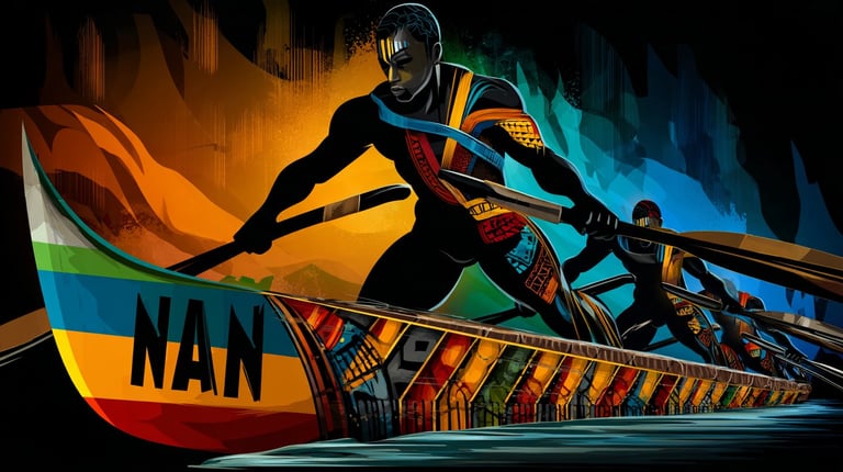 Silhouette of athlete water skiing on colorful boat with rainbow flag and NAN branding against dark background