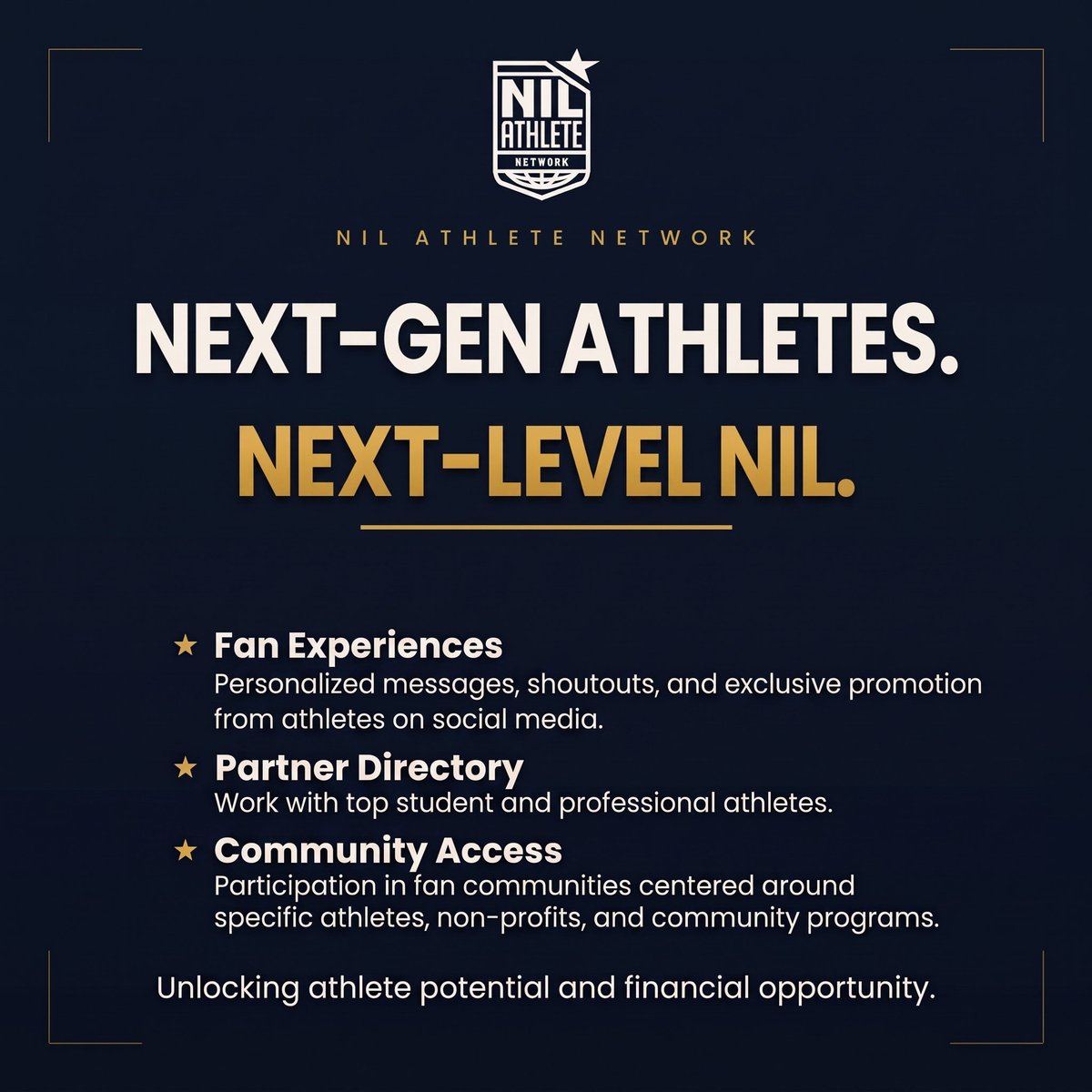 NIL Athlete Network promotional image featuring tagline Next-Gen Athletes Next-Level NIL with key features: Fan Experiences, Partner Directory, and Community Access