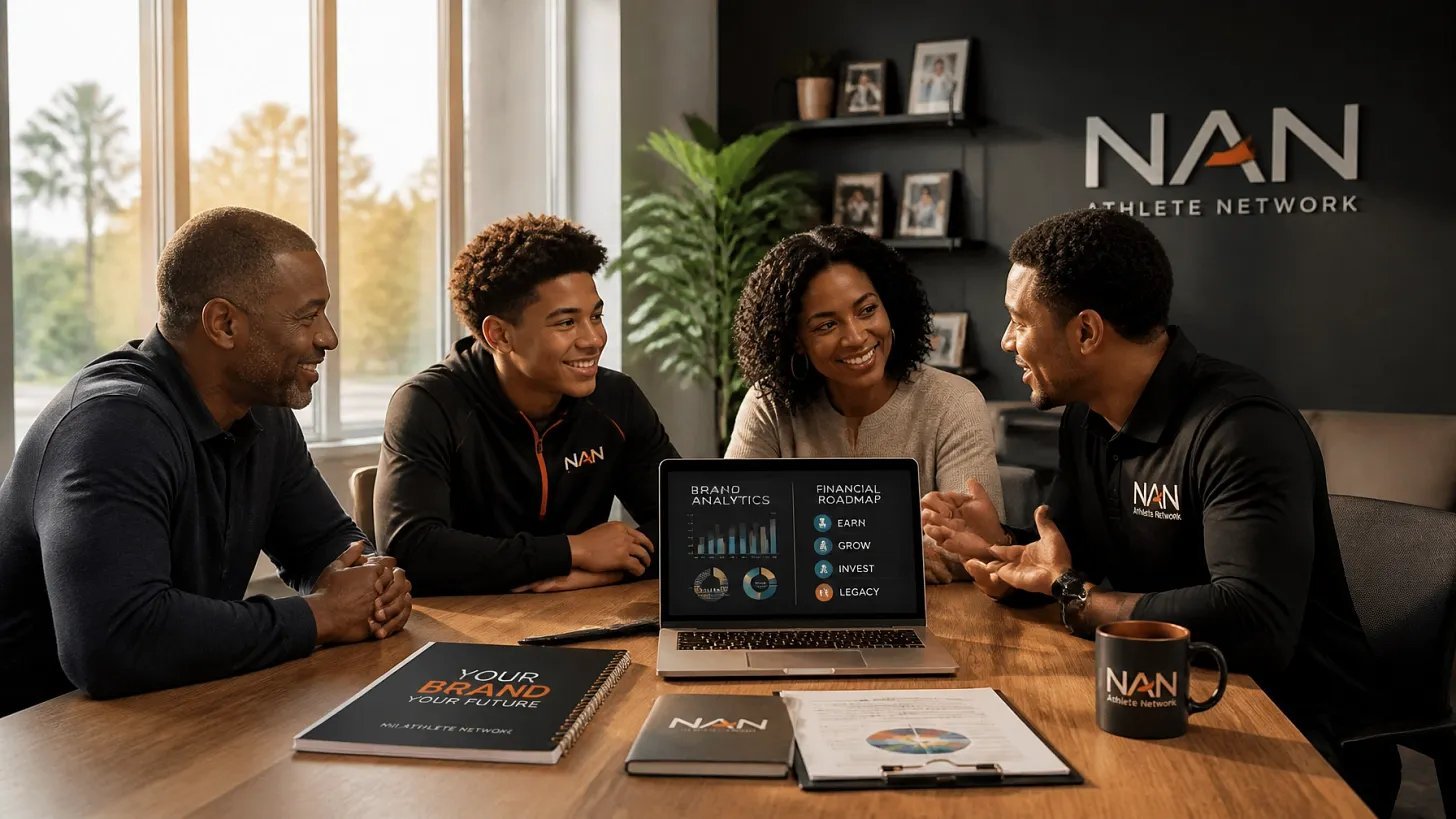 Four professionals in black NAN branded clothing gathered around a wooden table with a laptop displaying analytics, discussing business strategy in a modern office setting.