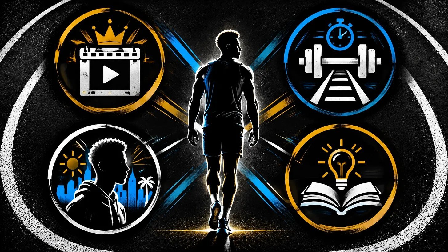Silhouette of a person surrounded by four icons representing content creation, fitness, creativity, and learning against a dark background