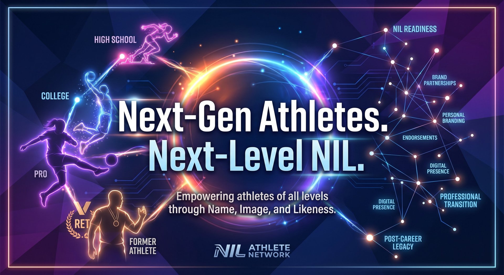 NIL Athlete Network promotional graphic showing neon athlete figures with text Next-Gen Athletes, Next-Level NIL across career stages from high school to professional