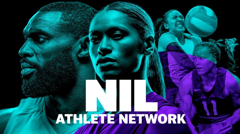 NIL Athlete Network logo with multiple athletes in cyan and purple tones against black background