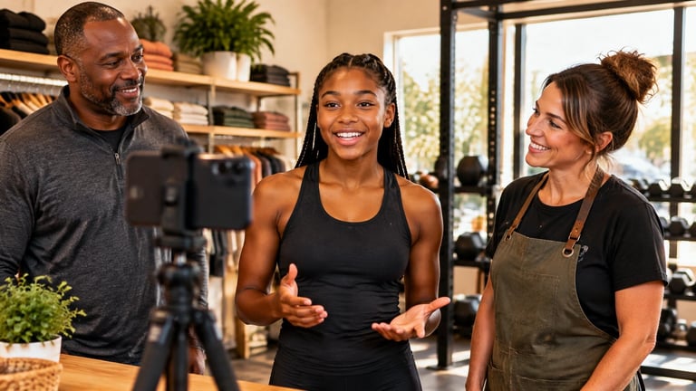 Three people filming content in a home gym, with a woman in athletic wear at center speaking to camera while two others stand nearby.
