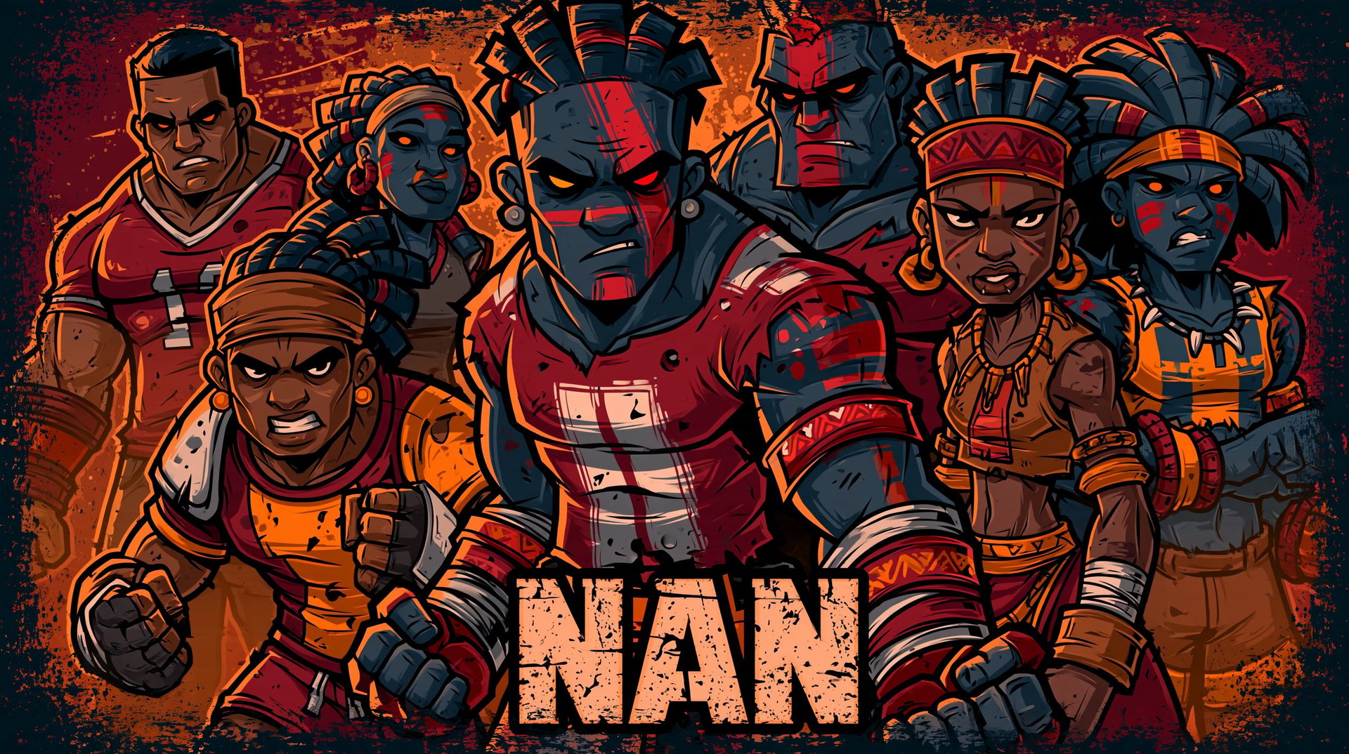 Animated illustration of a diverse basketball team in red and gold uniforms with WAN text on fiery orange background