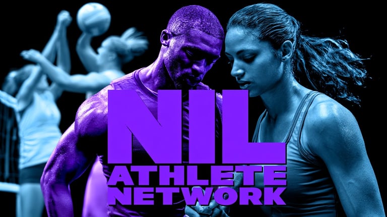 NI Athlete Network logo with athletes training, featuring purple and blue lighting on dark background