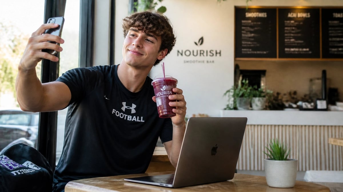 Man in black football shirt taking selfie with phone while holding drink and working on laptop at cafe counter