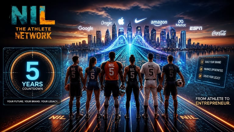NIL The Athlete Network promotional graphic featuring six athletes in sports uniforms with glowing blue cityscape background and major brand logos