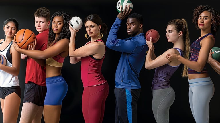 Group of diverse female athletes in colorful workout attire holding various sports balls and equipment against black background