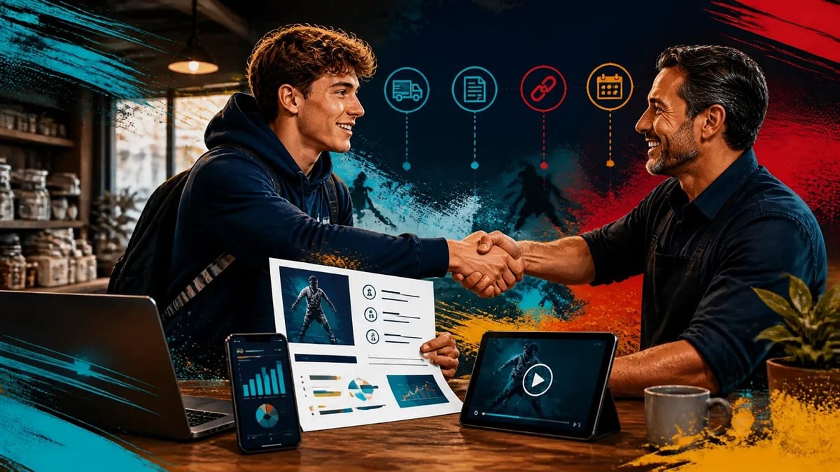 Two businessmen shaking hands over a desk with laptops and digital design mockups in a modern tech-colored office environment
