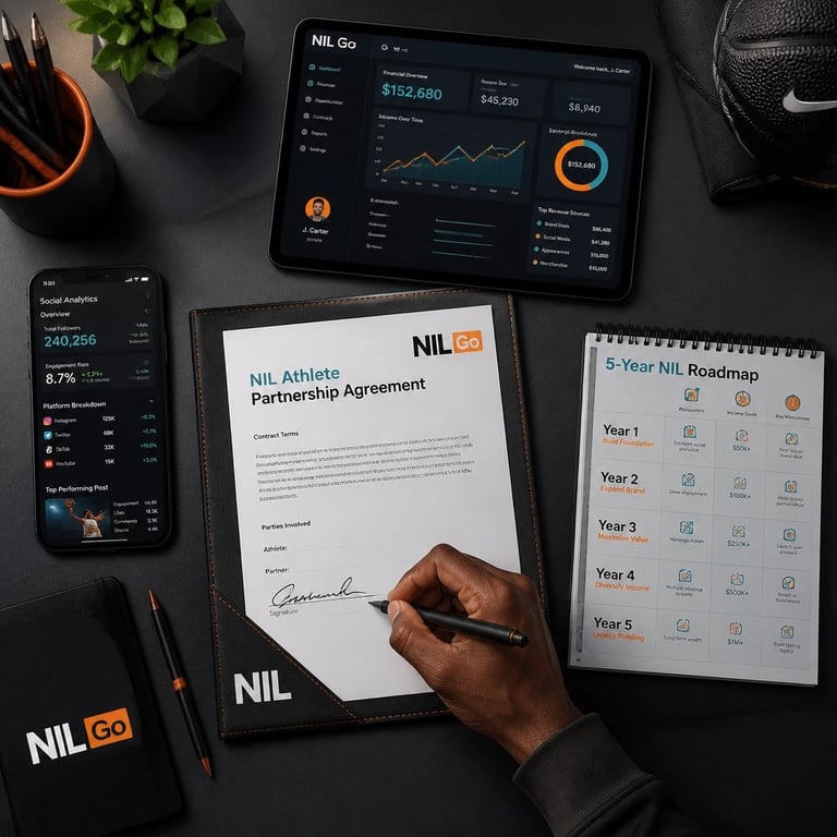 Person signing NIL Athlete Partnership Agreement on tablet surrounded by digital devices showing analytics and performance metrics on dark desk.