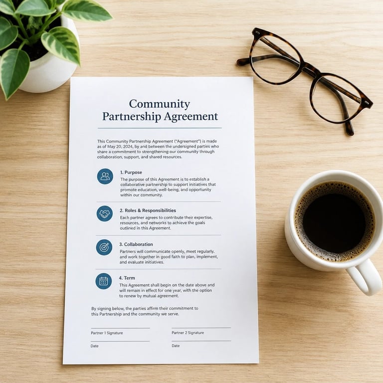 A Community Partnership Agreement document on a wooden desk with glasses, a potted plant, and a coffee mug