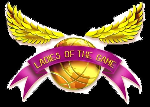 Logo for Ladies of the Game featuring a gold basketball, pink ribbon banner, and golden wings on a black background