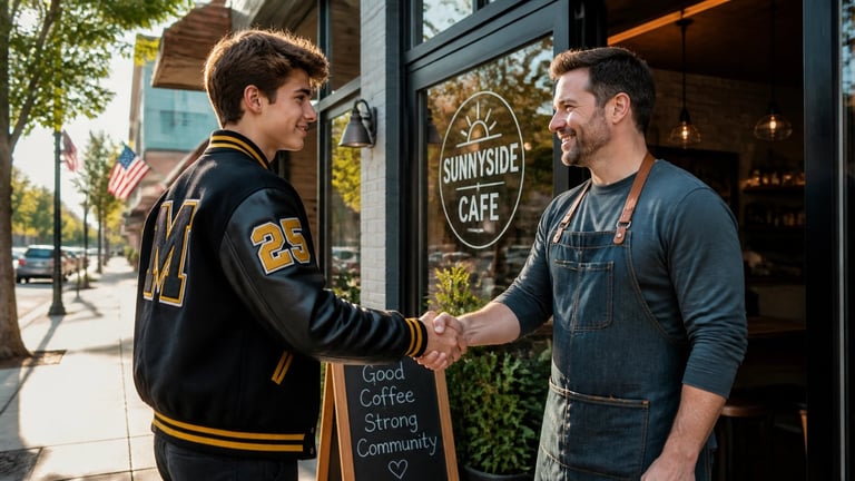 Two men shaking hands outside a cafe, one wearing a black and gold jacket and the other in denim, with a storefront visible behind them.