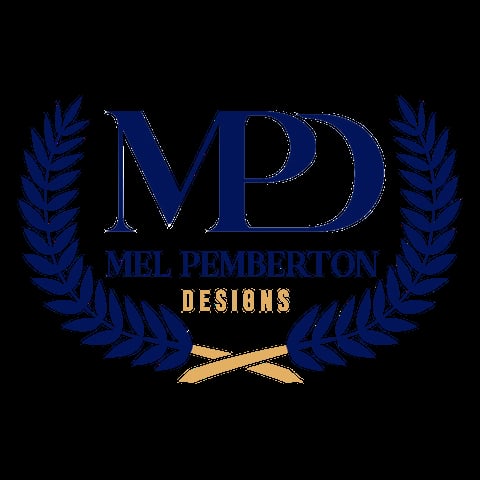 MPD Mel Pemberton Designs logo with blue laurel wreath and gold accents on black background