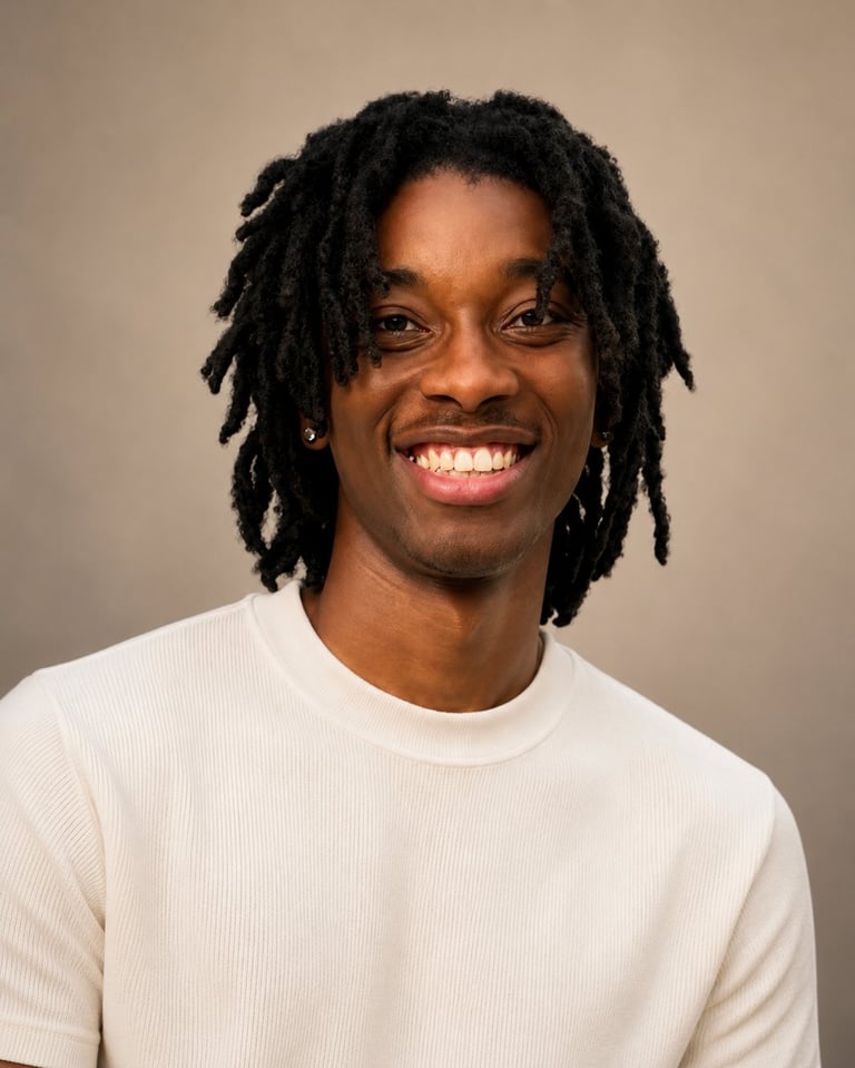 Portrait of a smiling man with black dreadlocks wearing a cream-colored t-shirt against a neutral gray background