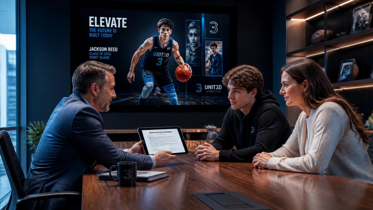 Three professionals in a modern office meet at a table with a laptop, with basketball imagery displayed on the wall behind them.