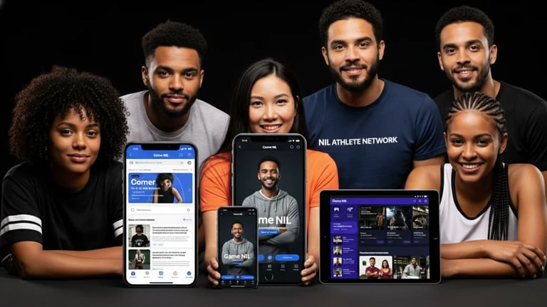 Diverse group of six people smiling at camera with mobile app screens and athlete branding displayed in front against black background
